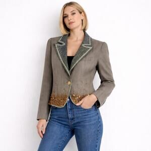 Vintage True Meaning Blazer Sequin Pinstripe Tweed Trim Jacket Size 12 Jewels